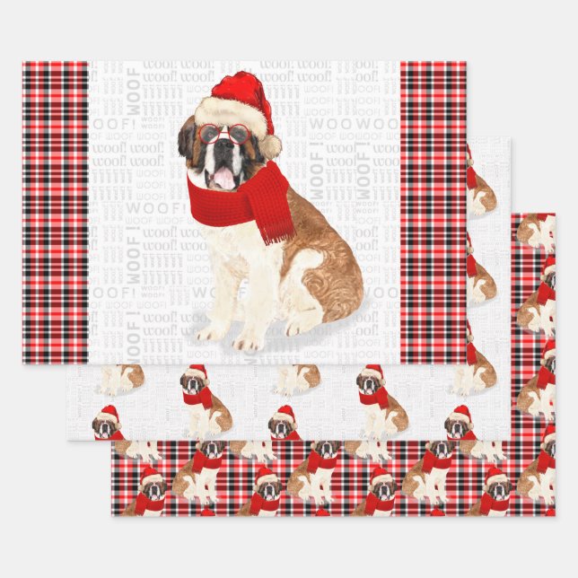 Saint Bernard Christmas Dog Red Plaid Holiday Wrapping Paper Sheets (Set)
