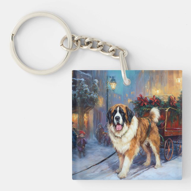 Saint Bernard Christmas Festive Season  Keychain (Front)