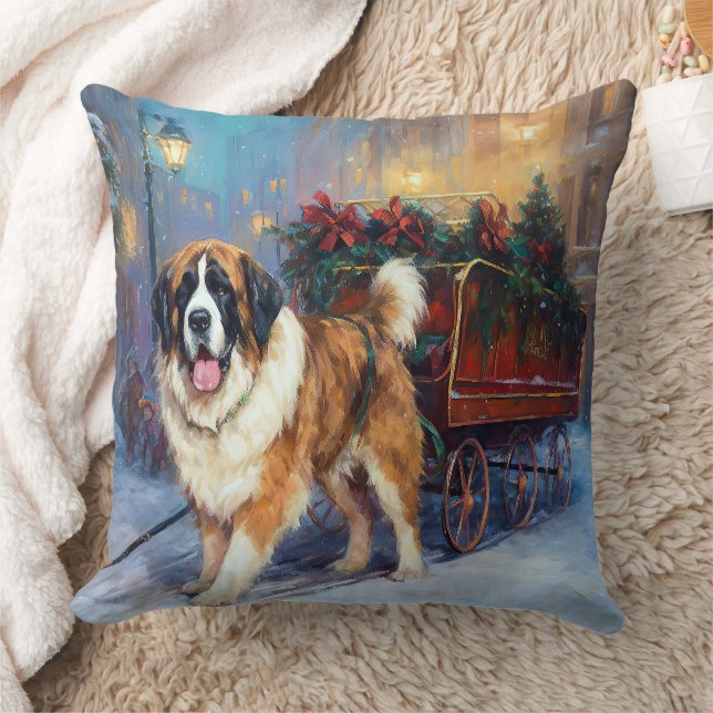 Saint Bernard Christmas Festive Season  Throw Pillow (Blanket)