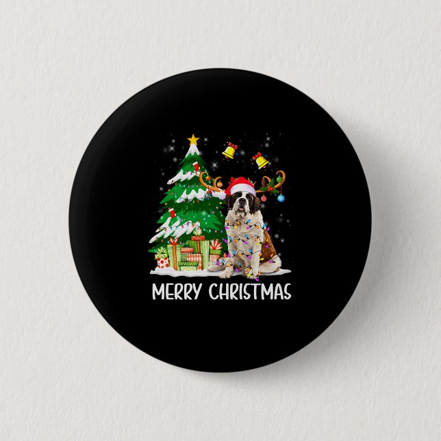 Saint Bernard Christmas Lights Tree Santa Xmas Paj Button (Front)