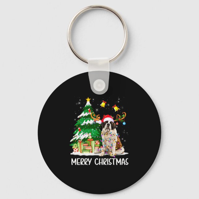 Saint Bernard Christmas Lights Tree Santa Xmas Paj Keychain (Front)