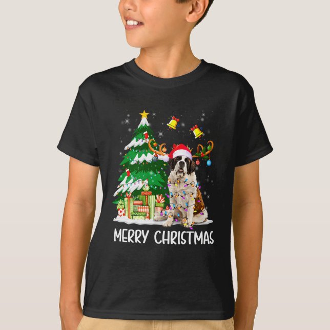 Saint Bernard Christmas Lights Tree Santa Xmas Paj T-Shirt (Front)
