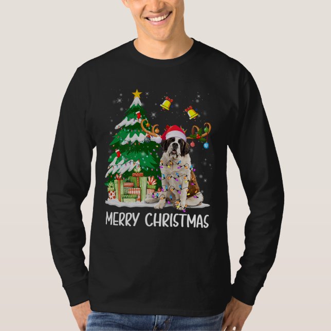 Saint Bernard Christmas Lights Tree Santa Xmas Paj T-Shirt (Front)
