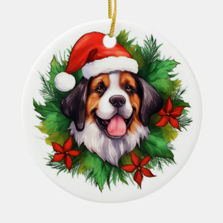 Saint Bernard Christmas Wreath Ceramic Ornament