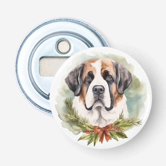 Saint Bernard Christmas Wreath Festive Pup Bottle Opener (Front)