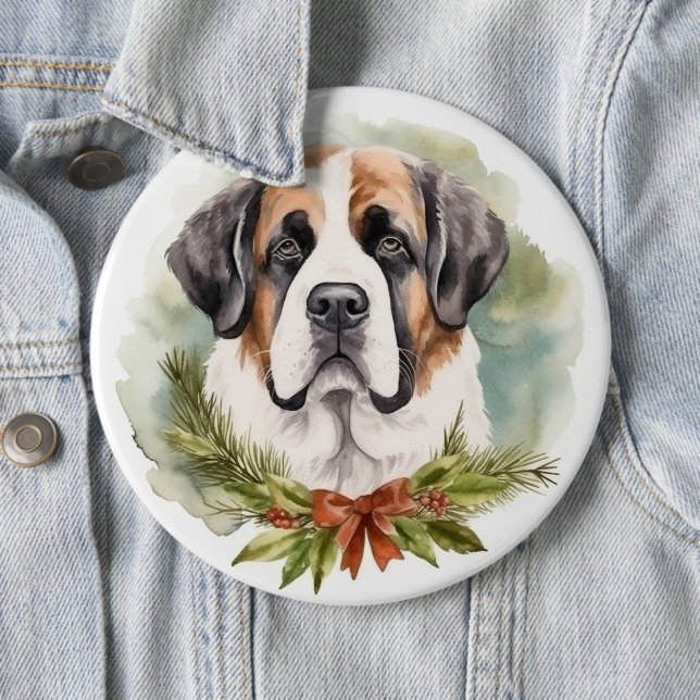 Saint Bernard Christmas Wreath Festive Pup Button (In Situ)