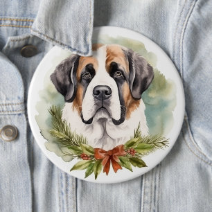 Saint Bernard Christmas Wreath Festive Pup Button