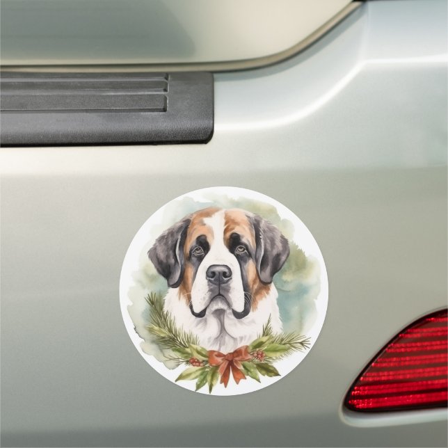 Saint Bernard Christmas Wreath Festive Pup Car Magnet (In Situ)