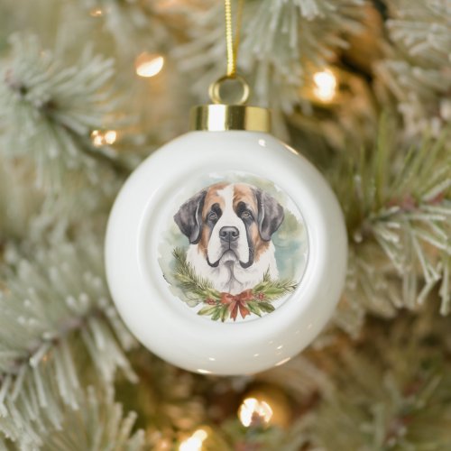 Saint Bernard Christmas Wreath Festive Pup Ceramic Ball Christmas Ornament