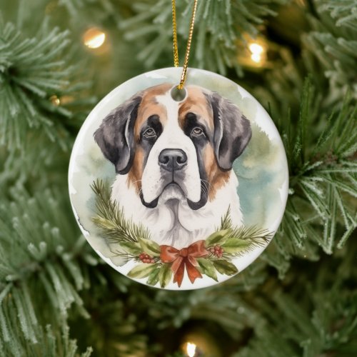 Saint Bernard Christmas Wreath Festive Pup Ceramic Ornament