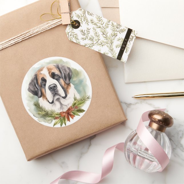 Saint Bernard Christmas Wreath Festive Pup Classic Round Sticker (Gifting)