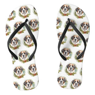 Saint Bernard Christmas Wreath Festive Pup Flip Flops