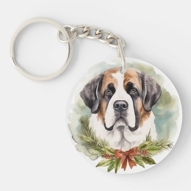 Saint Bernard Christmas Wreath Festive Pup Keychain (Front)