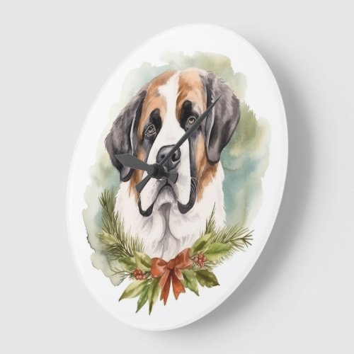 Saint Bernard Christmas Wreath Festive Pup Large Clock