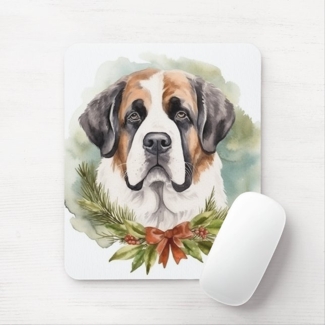 Saint Bernard Christmas Wreath Festive Pup Mouse Pad (With Mouse)