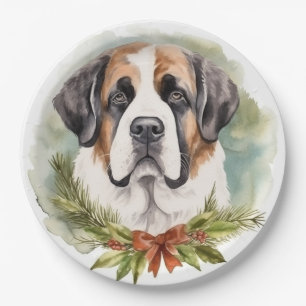 Saint Bernard Christmas Wreath Festive Pup Paper Plates