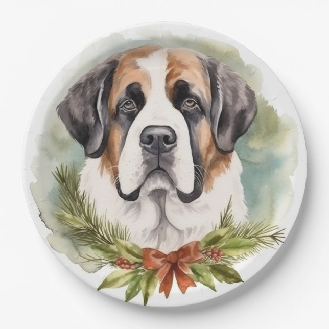 Saint Bernard Christmas Wreath Festive Pup Paper Plates (Front)