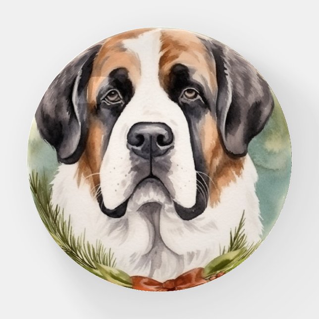 Saint Bernard Christmas Wreath Festive Pup Paperweight (Front)
