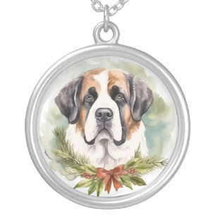 Saint Bernard Christmas Wreath Festive Pup Silver Plated Necklace