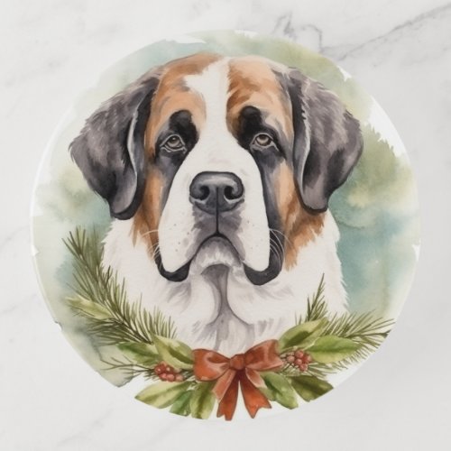 Saint Bernard Christmas Wreath Festive Pup Trinket Tray