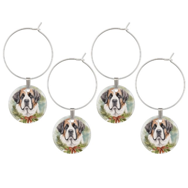 Saint Bernard Christmas Wreath Festive Pup Wine Charm (Staggered)