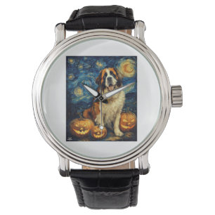 Saint Bernard Cute Dog Halloween Jack O Lantern Pu Watch