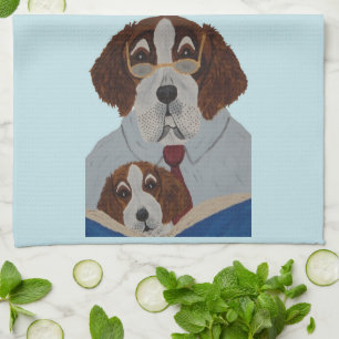 Saint Bernard Dad Reading to Puppy Kitchen Towel