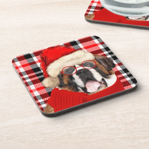 Saint Bernard Dog and Red Holiday Plaid Christmas Beverage Coaster