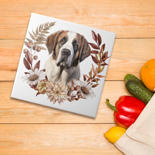 Saint Bernard Dog Autumn Wreath Ceramic Tile