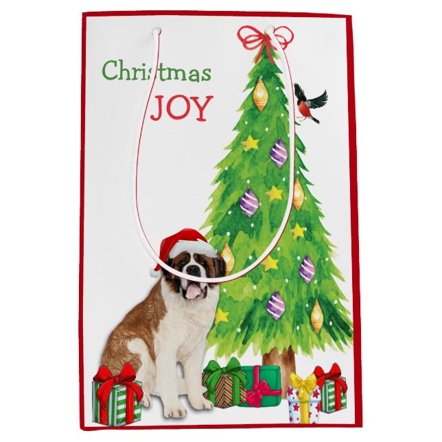 Saint Bernard Dog, Bird, and Christmas Tree Medium Gift Bag (Front)