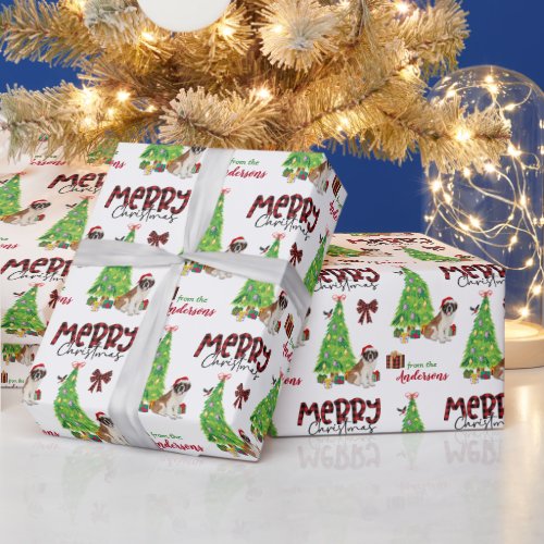 Saint Bernard Dog Bird and Christmas Tree Wrapping Paper