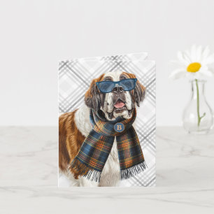 Saint Bernard Dog Blue Plaid Monogrammed Card