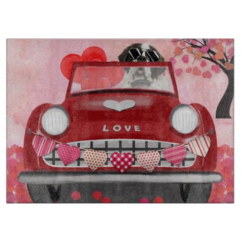 Saint Bernard Dog Car with Hearts Valentines  Cutting Board