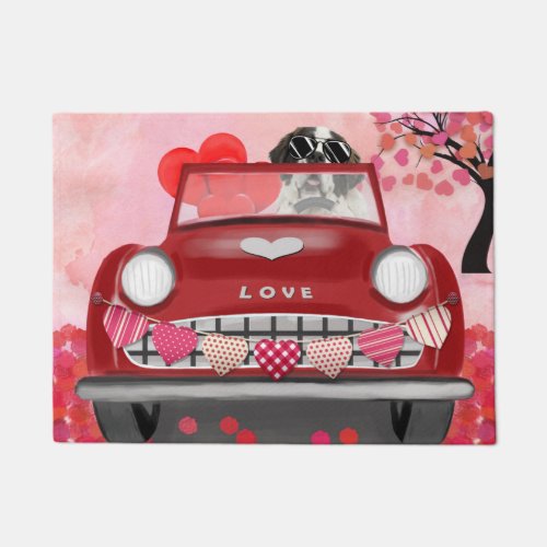Saint Bernard Dog Car with Hearts Valentines  Doormat
