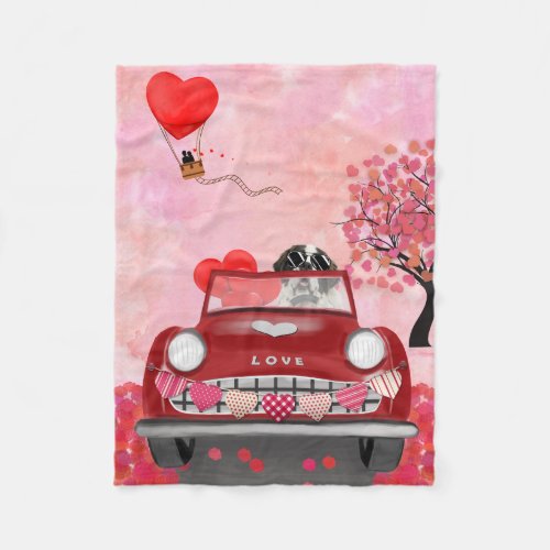 Saint Bernard Dog Car with Hearts Valentines  Fleece Blanket