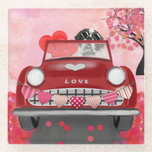 Saint Bernard Dog Car with Hearts Valentine's  Glass Coaster