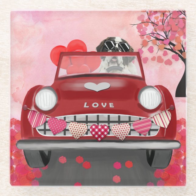 Saint Bernard Dog Car with Hearts Valentine's  Glass Coaster (Front)