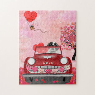 Saint Bernard Dog Car with Hearts Valentine's Jigsaw Puzzle