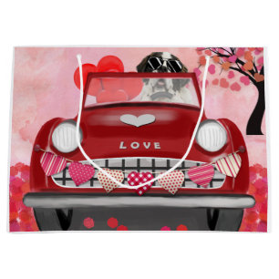 Saint Bernard Dog Car with Hearts Valentine's  Large Gift Bag