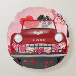 Saint Bernard Dog Car with Hearts Valentine's Round Pillow