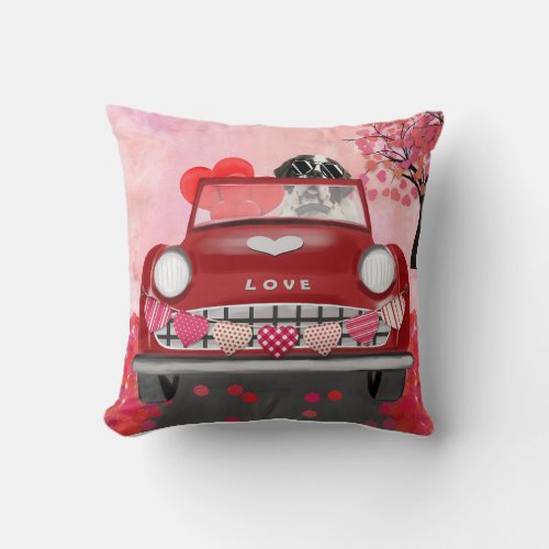 Saint Bernard Dog Car with Hearts Valentines Throw Pillow