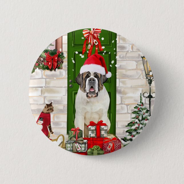 Saint Bernard Dog Christmas  Button (Front)