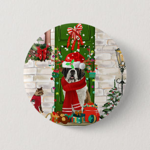 Saint Bernard Dog Christmas Button