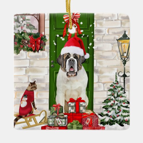 Saint Bernard Dog Christmas  Ceramic Ornament