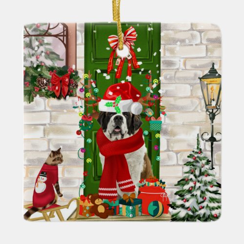 Saint Bernard Dog Christmas   Ceramic Ornament