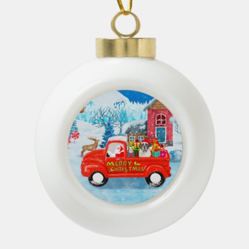 Saint Bernard Dog Christmas Delivery Truck Snow Ceramic Ball Christmas Ornament