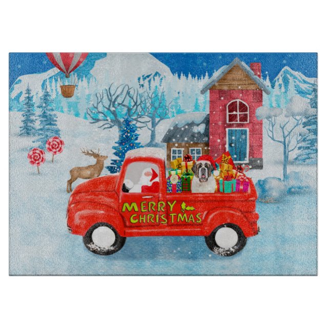 Saint Bernard Dog Christmas Delivery Truck Snow Cutting Board (Front)
