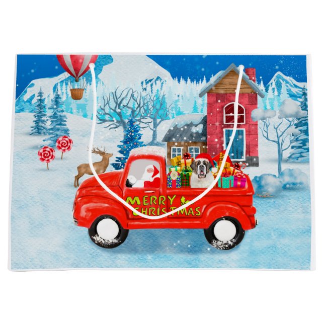 Saint Bernard Dog Christmas Delivery Truck Snow Large Gift Bag (Front)