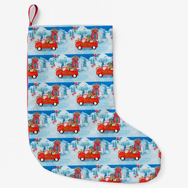 Saint Bernard Dog Christmas Delivery Truck Snow Small Christmas Stocking (Front)