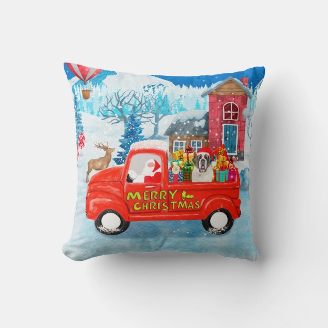 Saint Bernard Dog Christmas Delivery Truck Snow  Throw Pillow (Front)